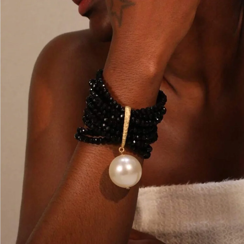 Statement Multi-Layer Black Crystal Beaded Exaggerated Pearl Accent Bracelet - Picture 7 of 10